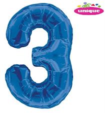 BLUE NUMBER 3 SHAPED FOIL BALLOON 34, PACKAGED PZ.  MC. 100