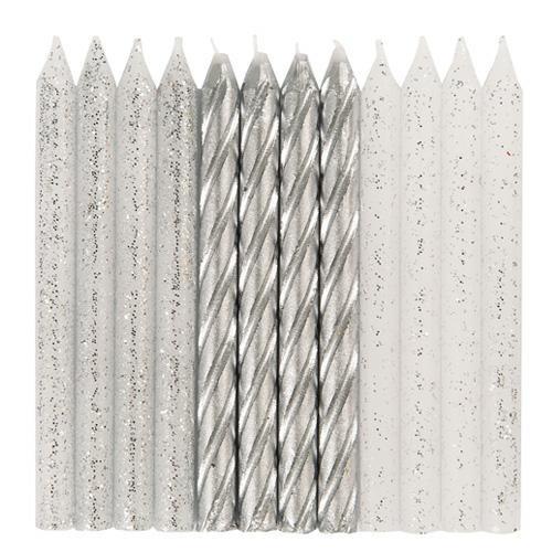 GLITTER AND SILVER SPIRAL BIRTHDAY CANDLES - ASSORTED, 24CT PZ.  MC.