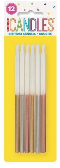 METALLIC DIPPED BIRTHDAY CANDLES 5 - ASSORTED, 12CT PZ.  MC. 144