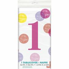 PINK DOTS 1ST BIRTHDAY RECTANGULAR PLASTIC TABLE COVER, 54X84 PZ.