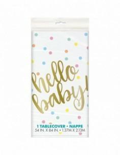 HELLO BABY GOLD BABY SHOWER RECTANGULAR PLASTIC TABLE COVER, 54X8