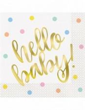 HELLO BABY GOLD BABY SHOWER LUNCHEON NAPKINS, 16CT - FOIL STAMPED