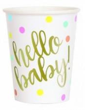 HELLO BABY GOLD BABY SHOWER 9OZ PAPER CUPS, 8CT PZ.  MC. 72