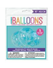 CLEAR LATEX BALLOONS WITH BLUE HEART CONFETTI 16, 5CT PZ.  MC. 144